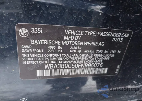 2015 BMW 335I xDrive z USA, uszkodzony, nr VIN WBA3B9G50FNR95076